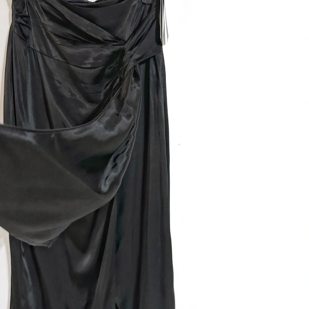 Piombo Silky Satin Faux Wrap Midi Skirt Ruching Front Slit In Black Sz 8 NWT